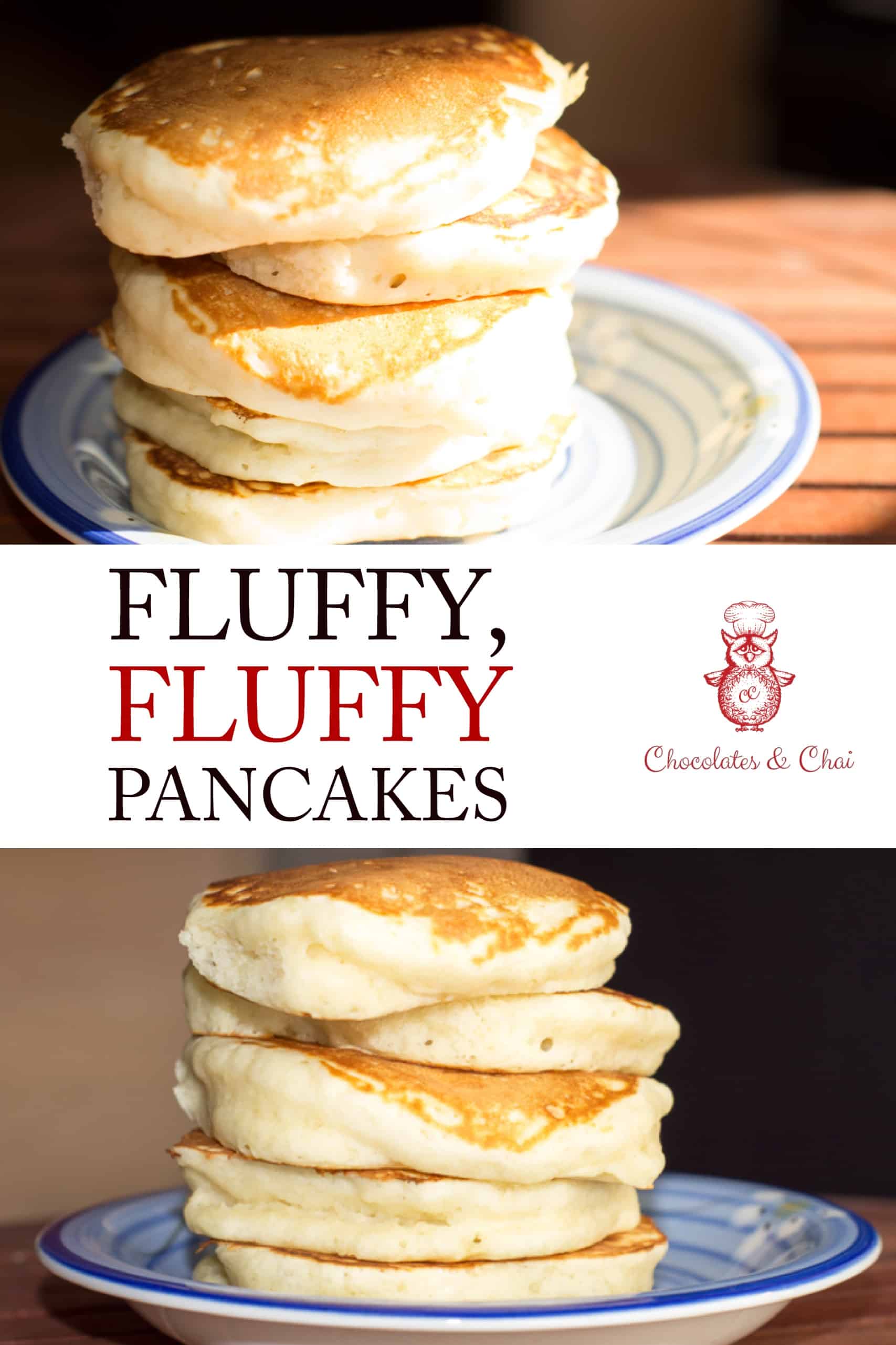 A Pinterest-optimised image with two photos of the fluffy pancakes stacked on plates, separated by text.