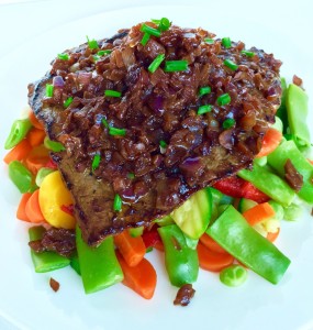 Chaliapin Steak, adapted from the anime Shokugeki no Soma atop mixed vegetables.