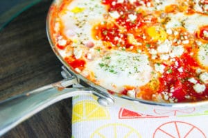 Another close-up of shakshuka from a different angle showing off a poached egg.