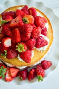 A beautiful overhead shot of a Victoria Sponge Cake with Balsamic Strawberries on a white cake stand.