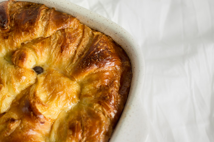 Chocolate Croissant Bread Pudding - Recipe for a custard-y bread pudding using stale croissants and chocolate