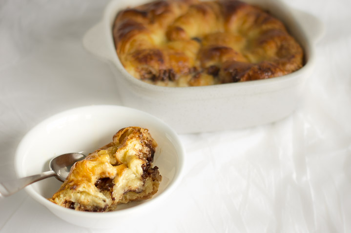 Chocolate Croissant Bread Pudding - Recipe for a custard-y bread pudding using stale croissants and chocolate