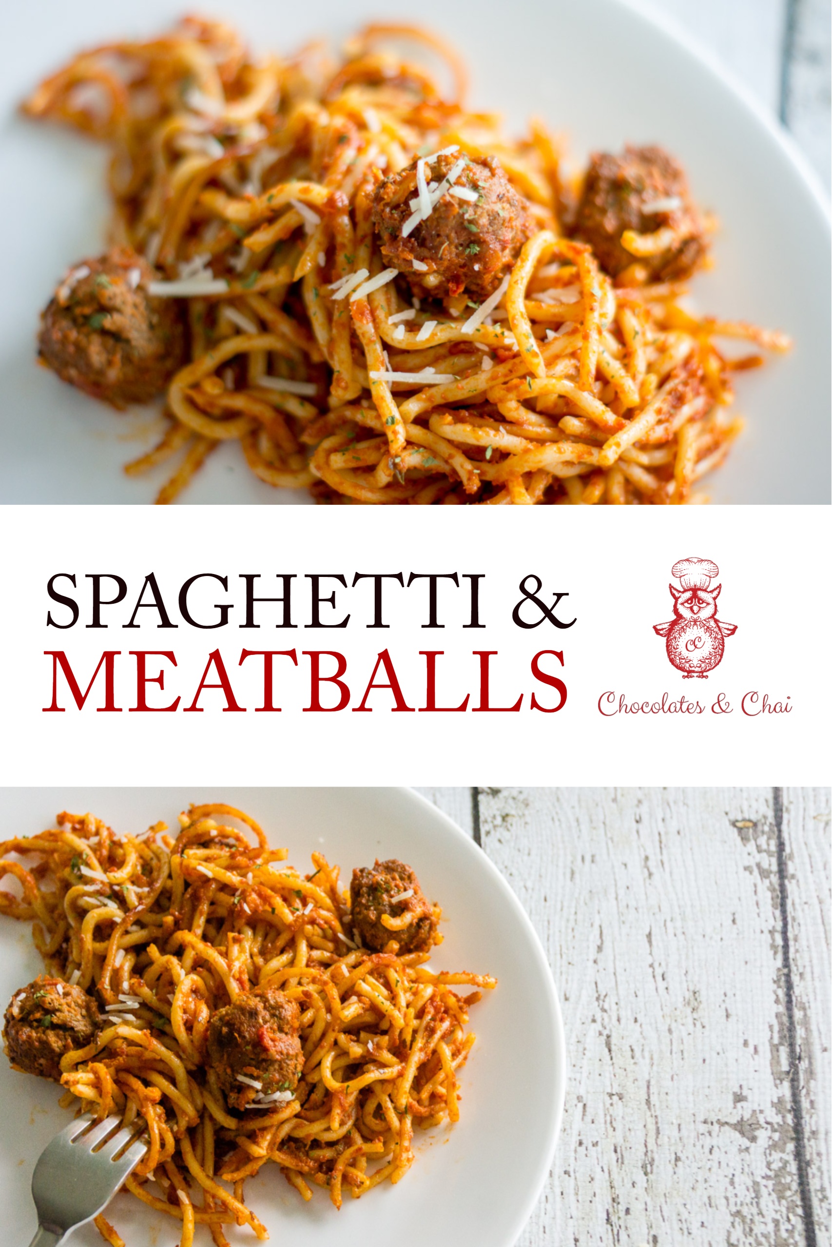 Spaghetti & Meatballs pinterest image showing two horizontal photos.