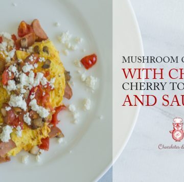 A photo of the Mushroom Omelette recipe on a white plate with a marble background, and the title of the post written in bold red and black font on the left.