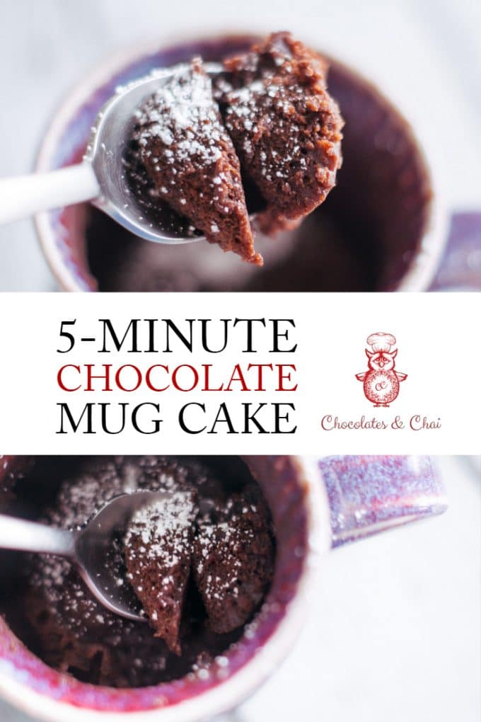 Two bright photos of 5-minute chocolate mug cake recipe cooked ans on a spoon with a purple cup in the background.