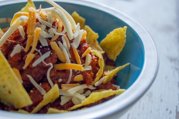 A close-up of a bowl of Chili Con Carne.
