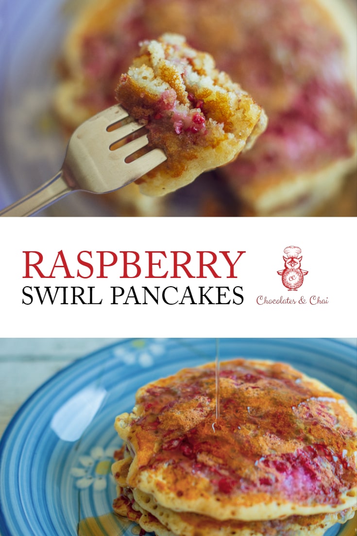Two images of Raspberry Swirl Pancakes stacked atop one another, split by a title card and the Chocolates & Chai logo.