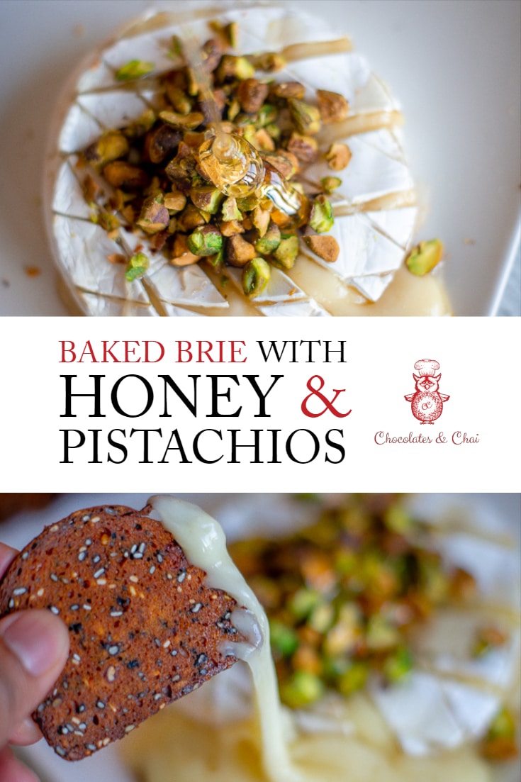 Two images of baked brie with honey and pistachios separated by a title card.