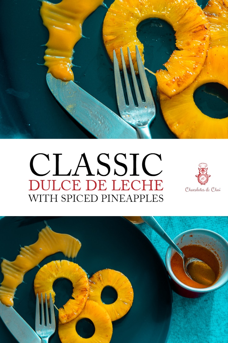 Two photos of classic dulce de leche with spiced pineapples stacked atop one another.
