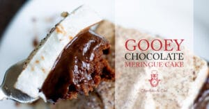 A photo of a bite of Gooey Chocolate Meringue Cake, next to the recipe title.