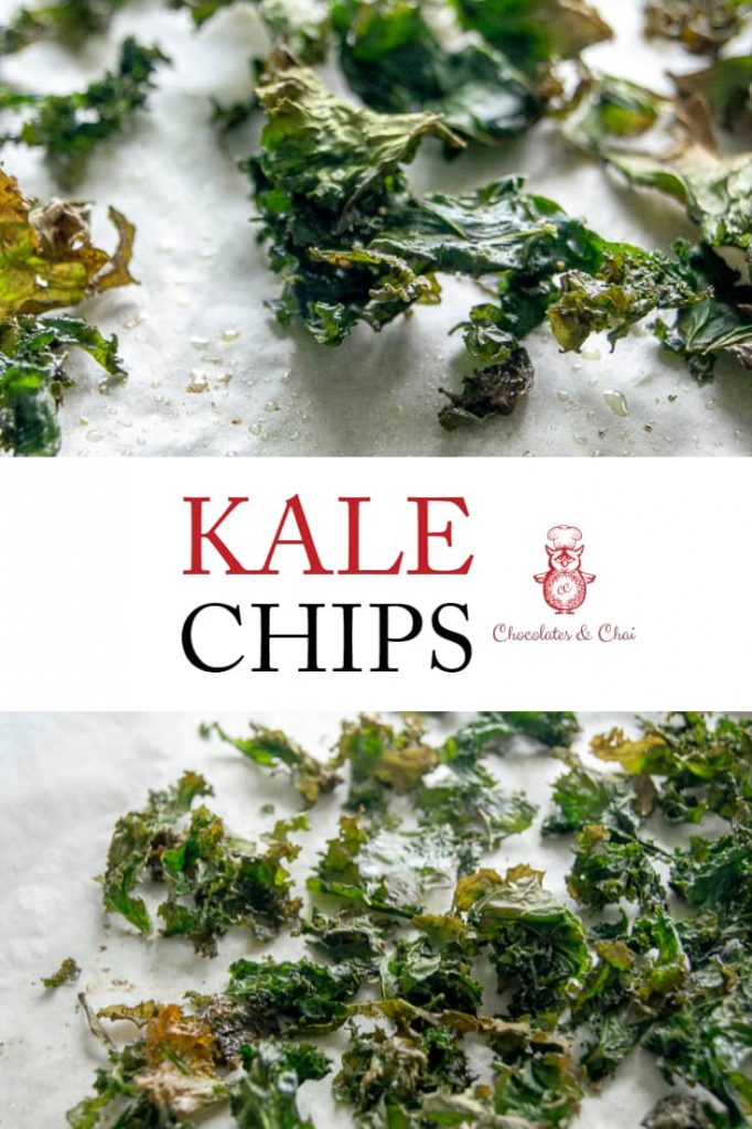 A title image saying "Kale Chips" in the centre with two images of baked kale on the top and bottom.