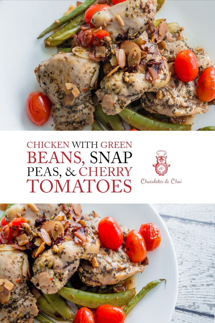 Two stacked photos of Chicken with Green Beans, Snap Peas & Cherry Tomatoes separated by the post title and logo.