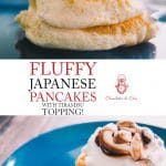 Two photos of fluffy Japanese pancakes stacked atop one another. One photo shows pancakes with whipped cream, the other has a Tiramisu cream topping.