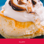 A photo of souffle pancakes with a tiramisu topping. A berry red banner at the bottom of the image includes the post title "Fluffy Japanese Pancakes"