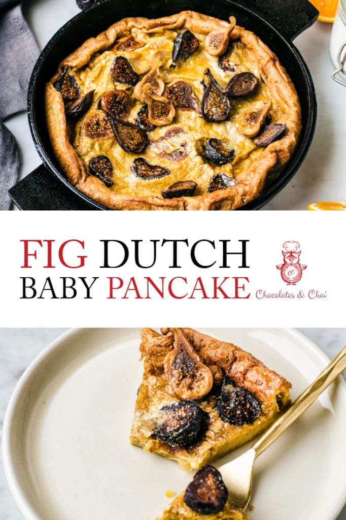 Two stacked photos - one of the fig Dutch Baby Pancake in a cast iron pan, the other of a slice of the dutch baby with figs cut on a plate.