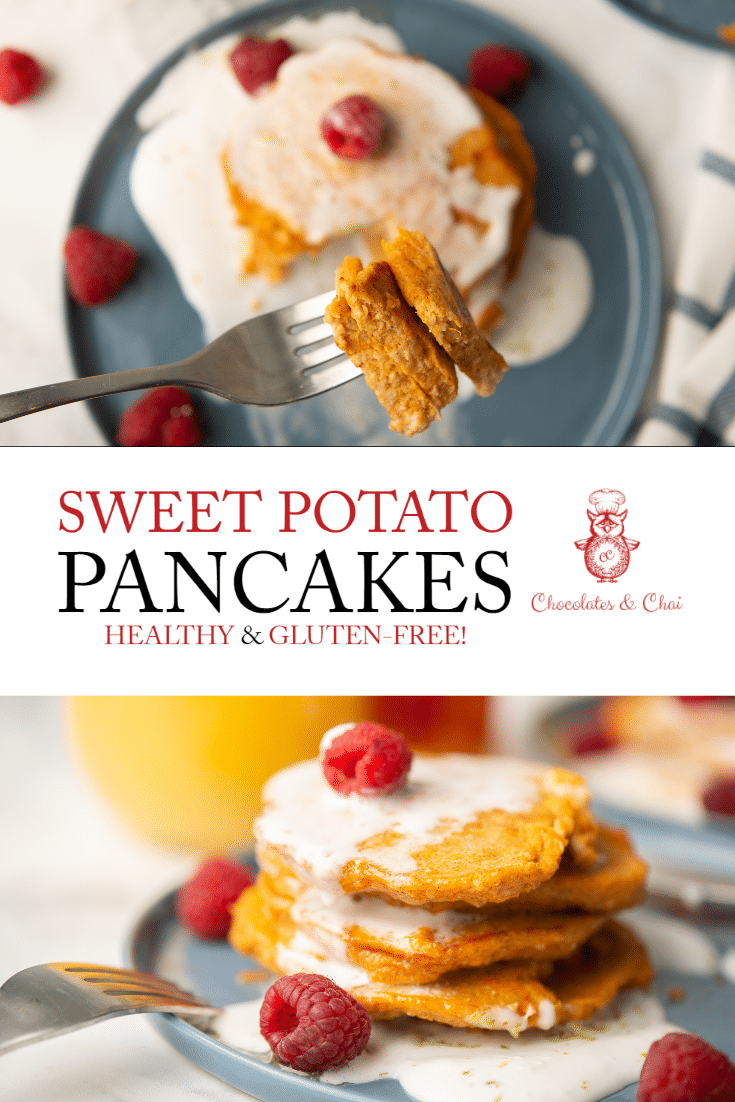 A pinterest optimised title image that is a collage of sweet potato pancakes.
