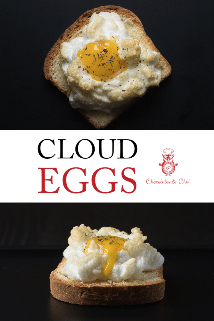 A collage of two photos of eggs in clouds with the title and Chocolates & Chai logo aesthetically placed in the middle.