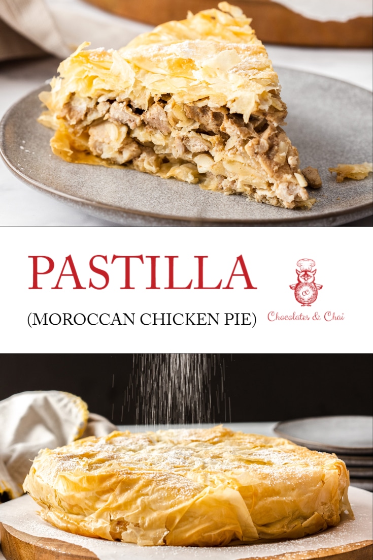 A title image made up of two photos of pastilla - one a slice, the other the full pie.