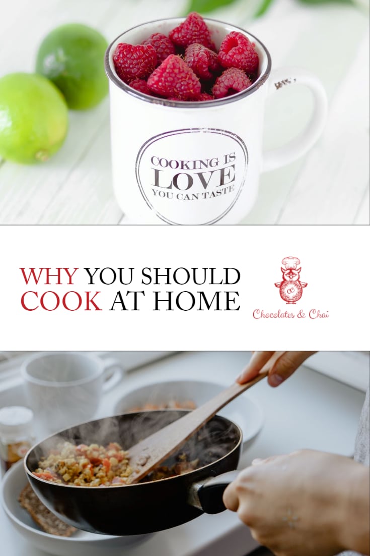 A title image designed for Pinterest with the title "Why you should cook at home" in the centre.