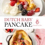 Two Dutch Baby Pancake images collaged - one is a slice, and the other is an overhead photo.