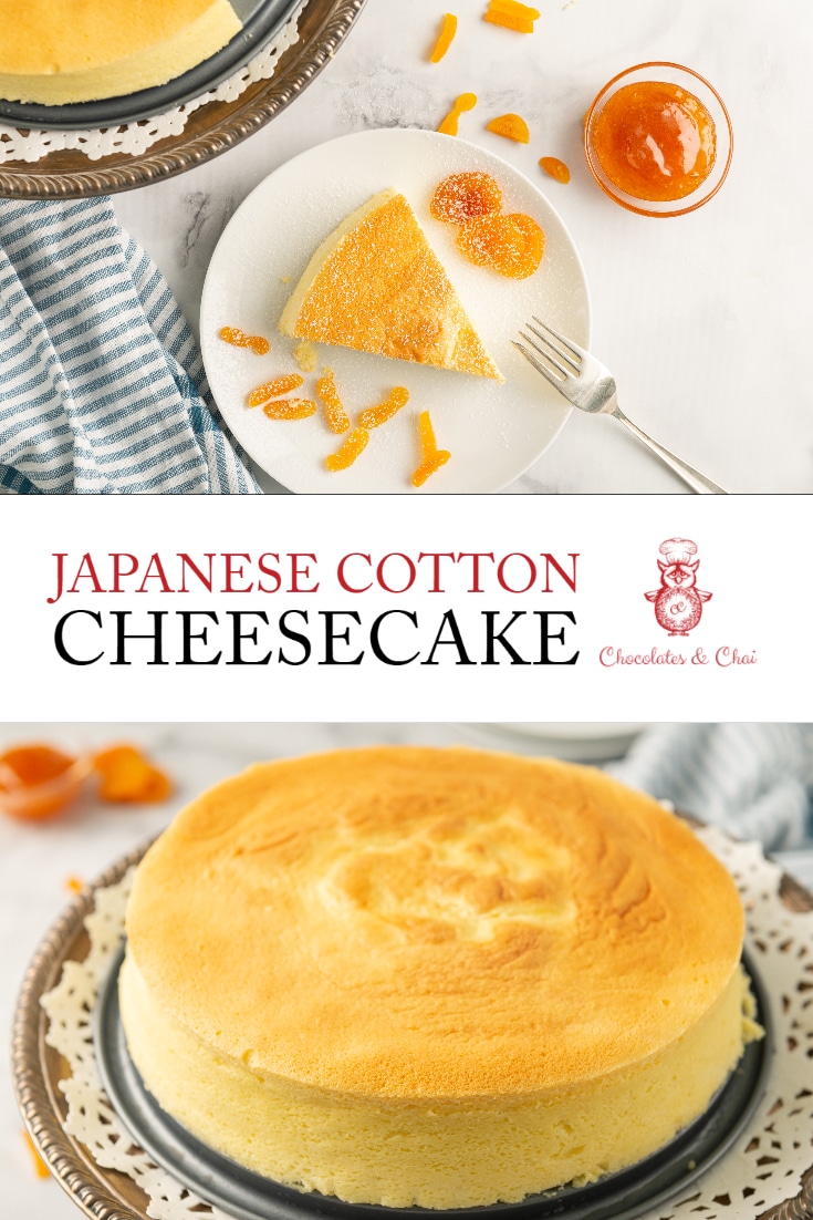 A collage of two photos of cheesecake, connected by the post title "Japanese Cotton Cheesecake".