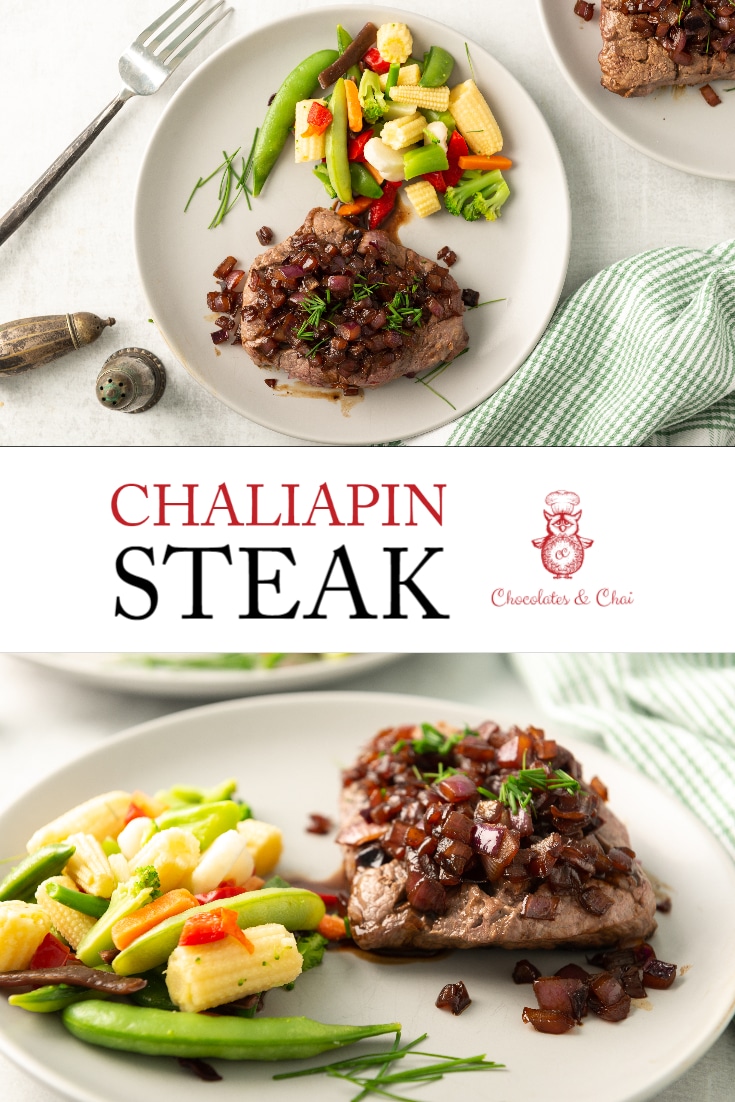 A vertical collage of two photos of Chaliapin Steak on a plate with the post title  in the centre.