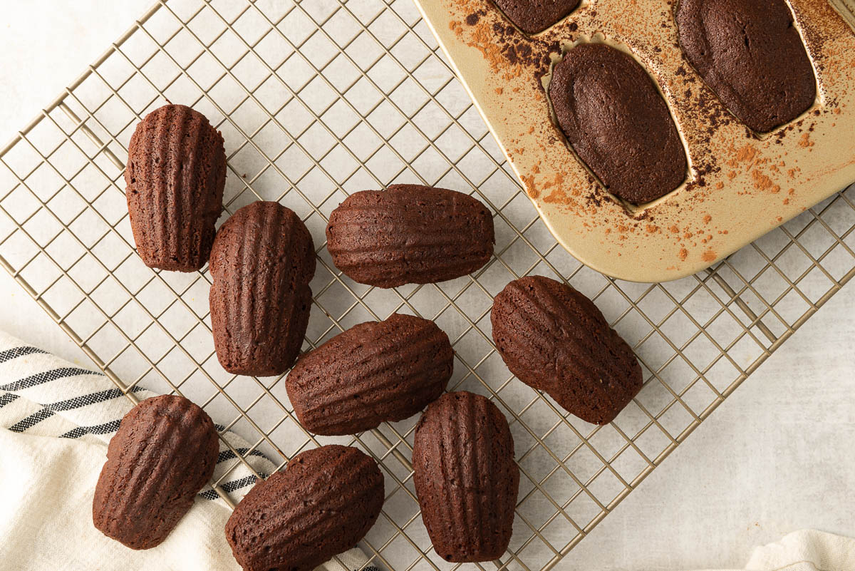 Undecorated chocolate madeleines cooling on a wire rack next to Williams Sonoma's Goldtouch madeleine pan.
