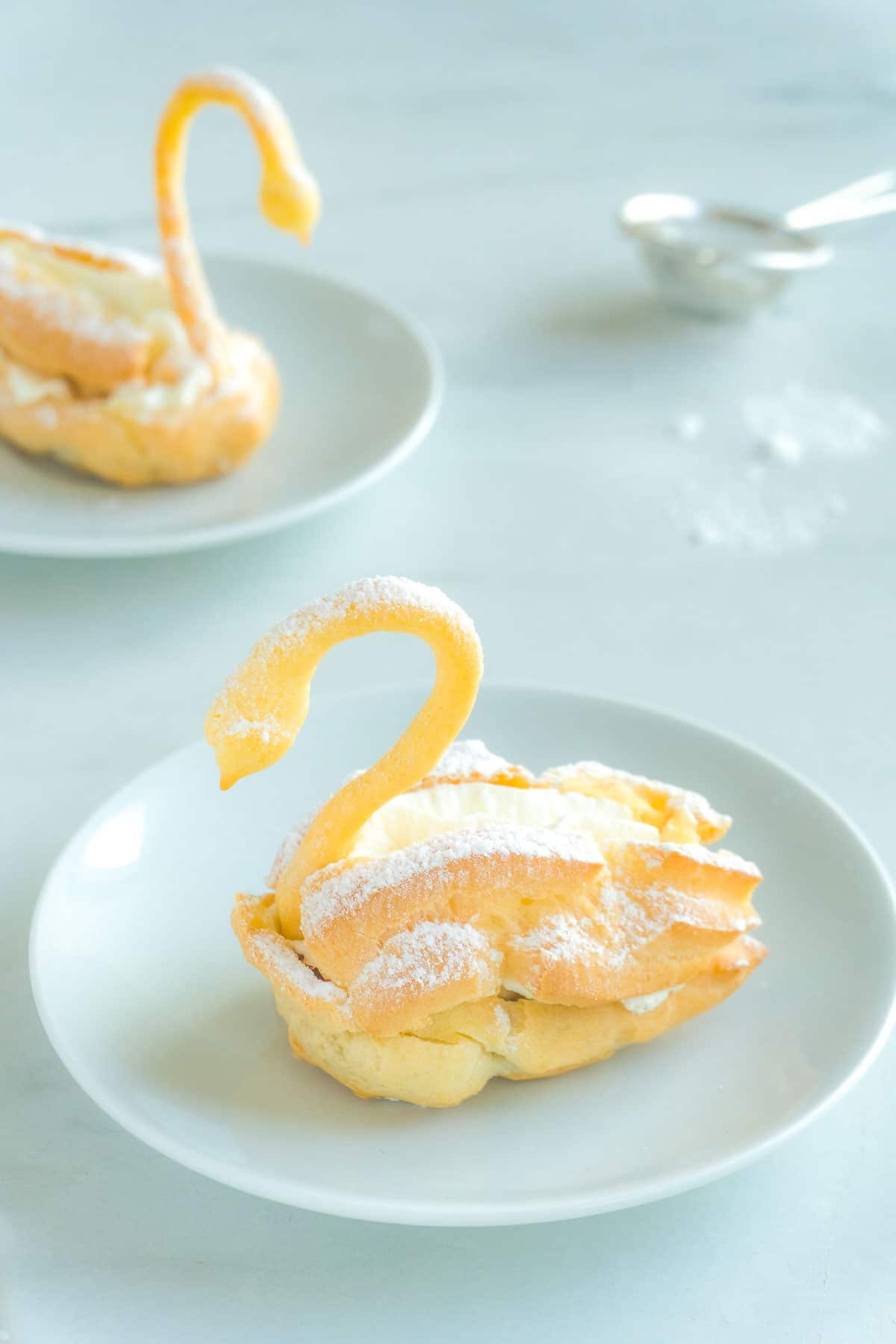 Two cream puff swans facing opposite directions from one another.