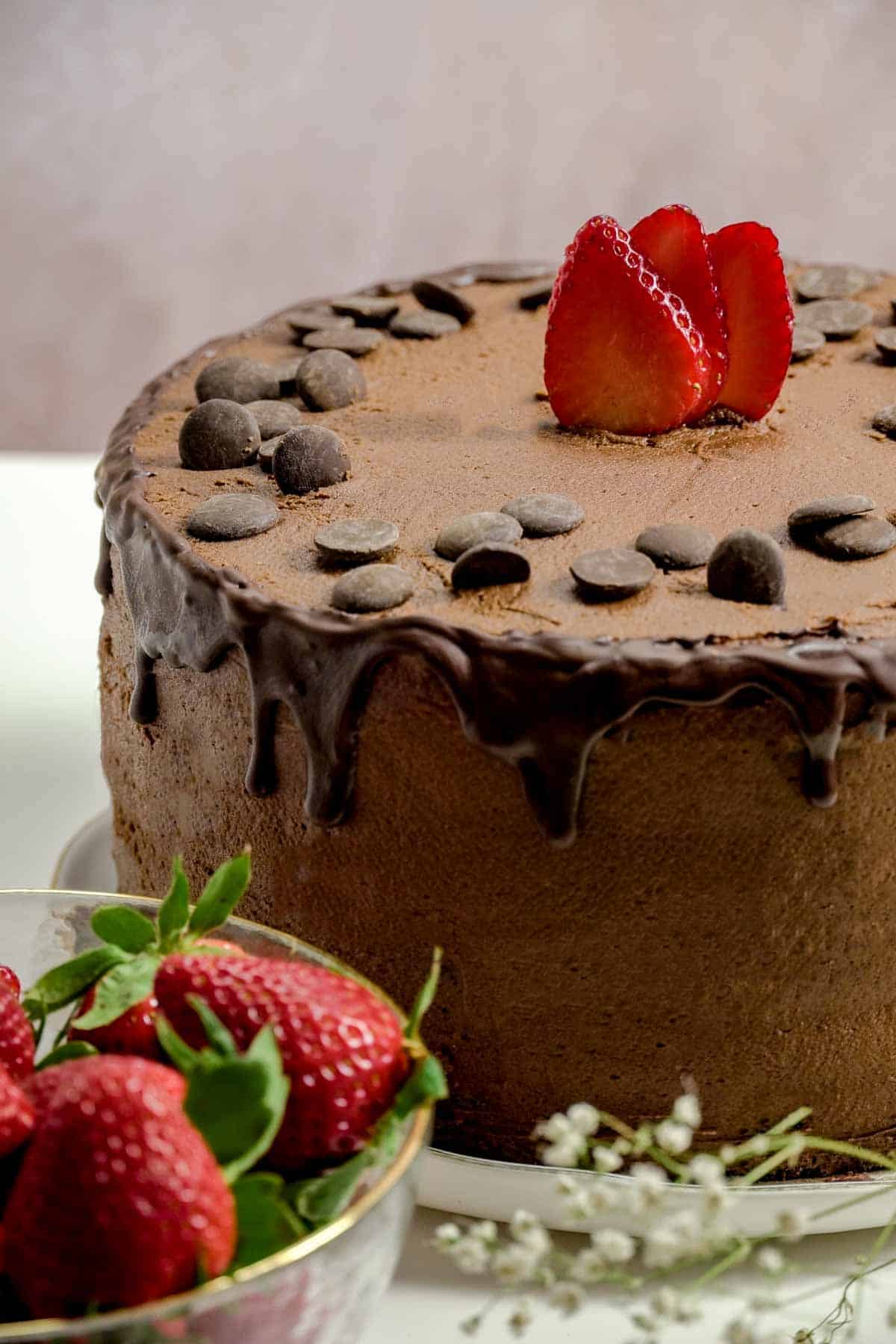 Chocolate Blackout cake decorated with sliced strawberries, chocolate ganache and chocolate chips on a white plate.