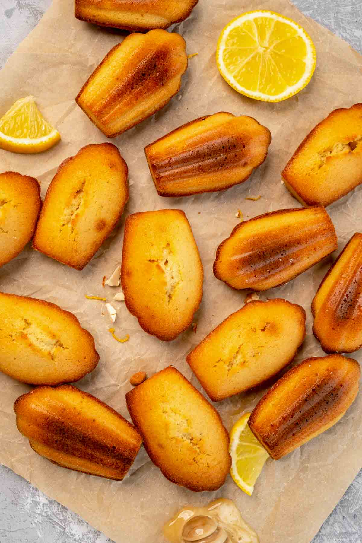 Honey madeleines on parchment paper.