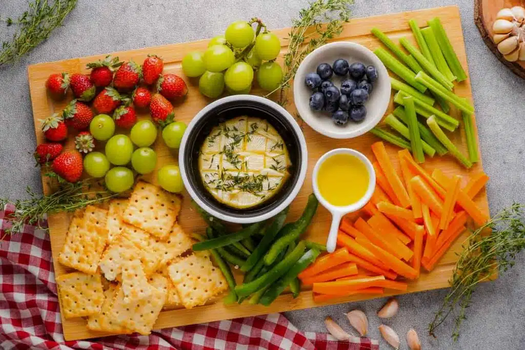 A wooden board with a spread of fresh fruits and vegetables: strawberries, green grapes, blueberries, celery, and carrot sticks. Crackers and a baked cheese dip sit in the center, accompanied by a small bowl of olive oil. A red checkered cloth is nearby.