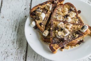 An overhead photo of S'mores French Toast cut into triangular slices