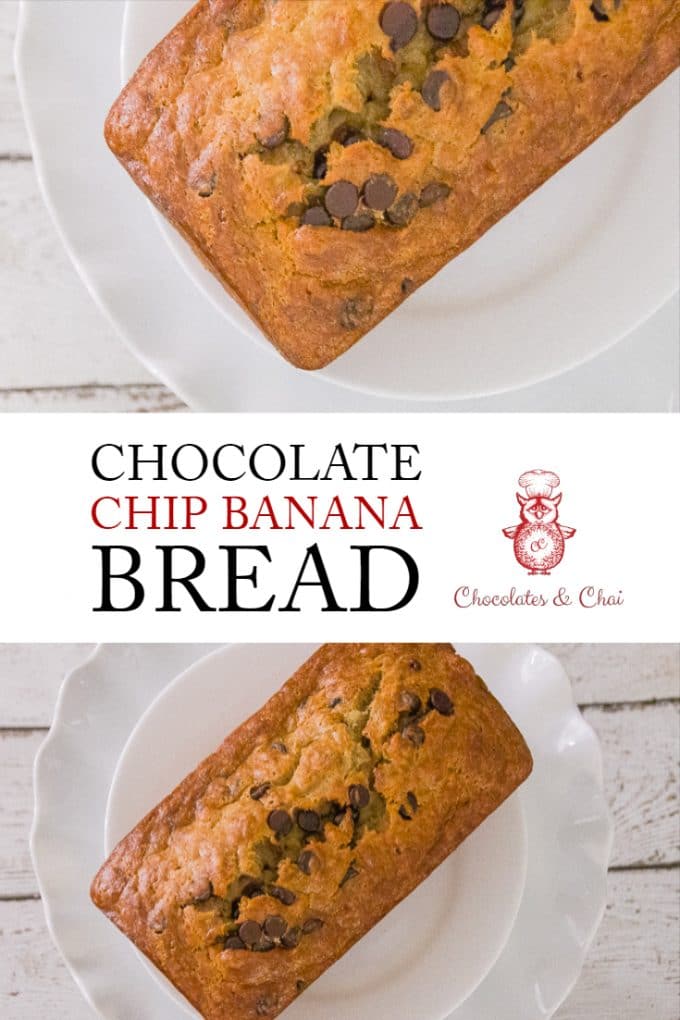 Two overhead photos of Chocolate Chip Banana Bread separated by a title