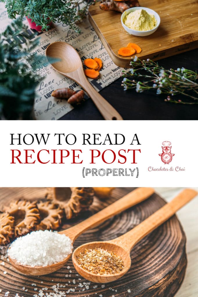A vertical image for pinterest with a photo of a table at the top and measuring spoons underneath, separated by the text "How to Read a Recipe Post (Properly)"