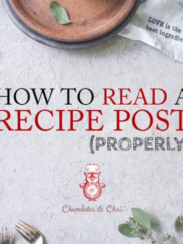 An overhead photo of with text in the centre that says How to Read a Recipe Post (Properly), there is pie and herbs surrounding it.