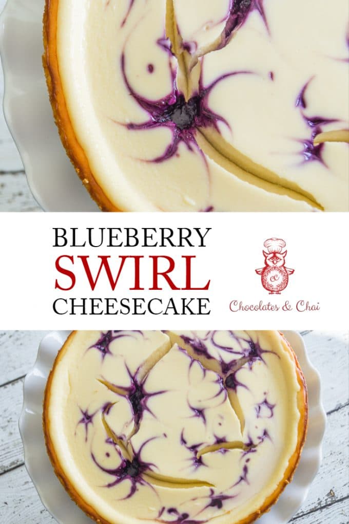 A vertical image of two photos of Blueberry Swirl Cheesecake stacked upon each other with a title card and the Chocolates & Chai logo in the middle.