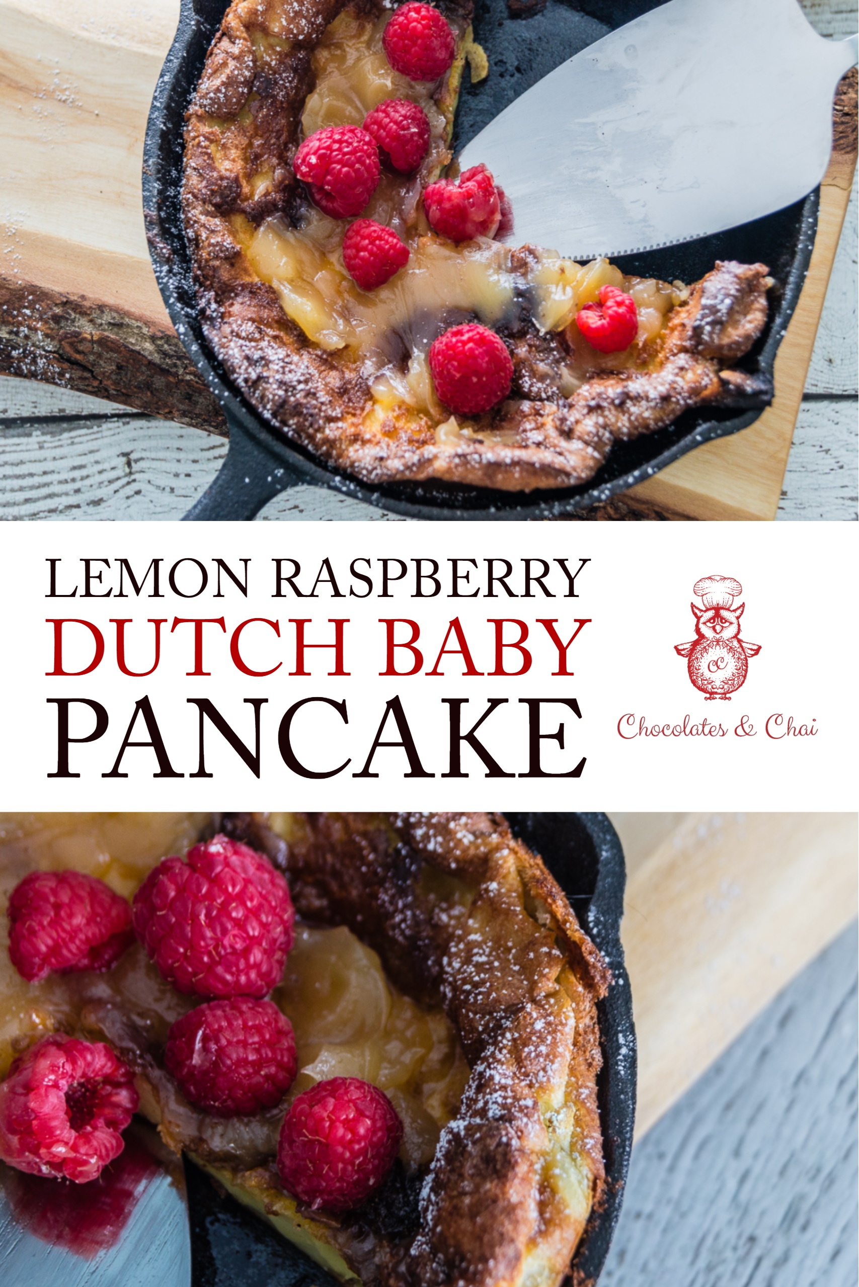 A Pinterest image of the Lemon Raspberry Dutch Baby Pancake post, showing two photos separated by the recipe title - an overhead shot of the Dutch Baby, and a close-up. 